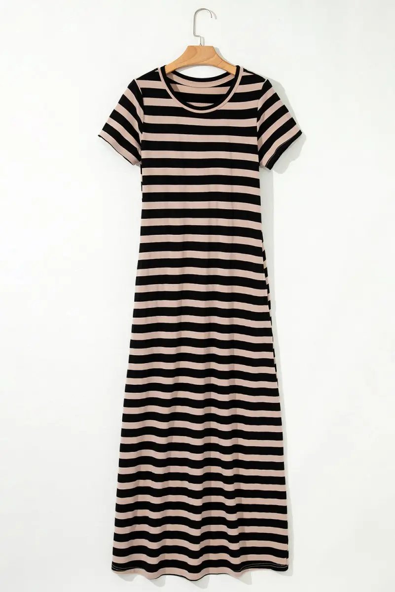 Black Stripe Casual Round Neck T-shirt Maxi Dress with Pockets - Love Salve